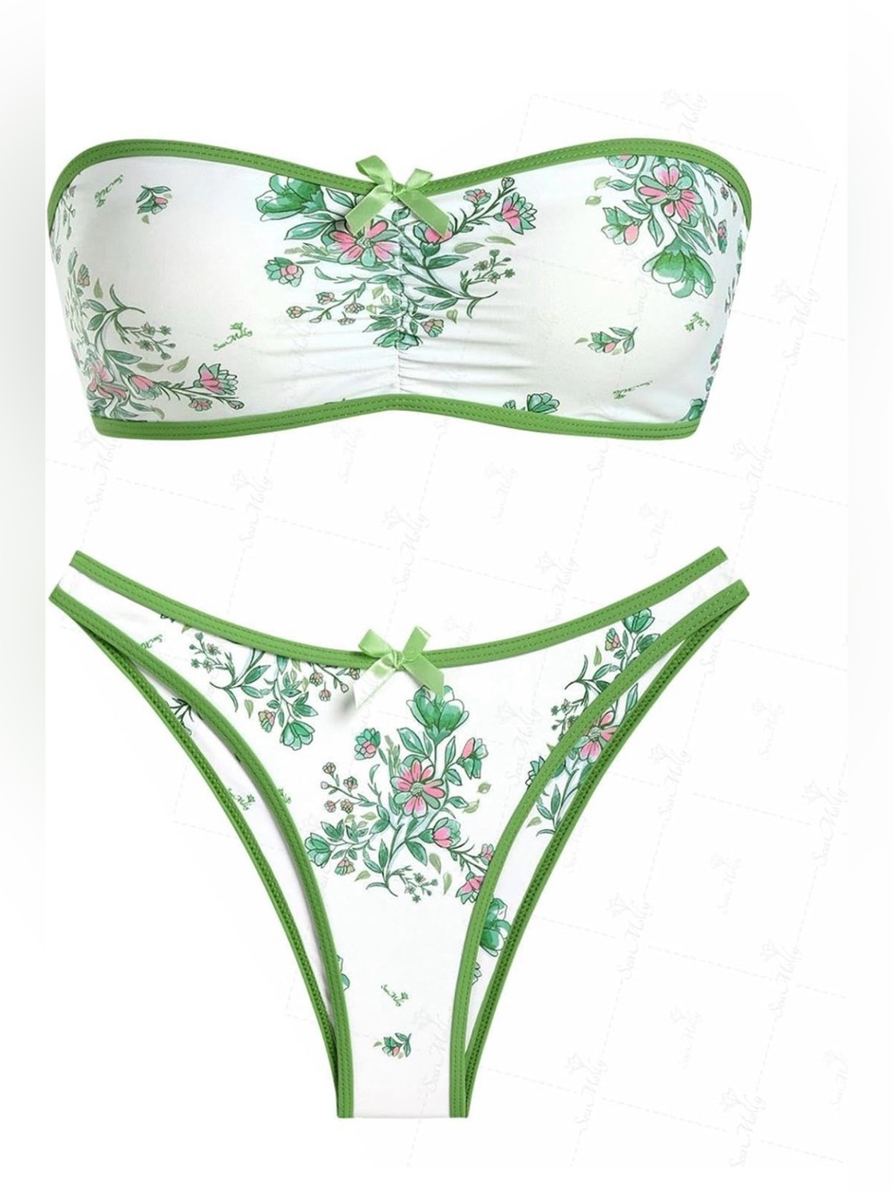 Floral Bandeau Bikini Set in White and Green